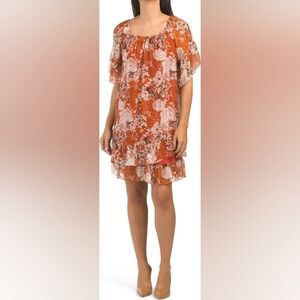 Chic Floral Mini Dress in coral and neutral tones. Size L